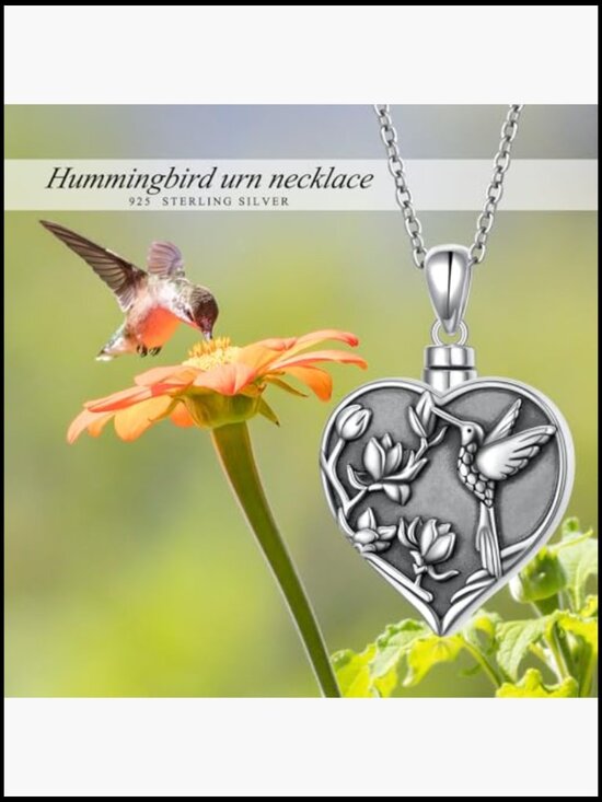 Hummingbird Urn Necklace: Sterling Silver Heart, Moonstone  Sterling Silver Hummingbird Heart Urn Necklace Memorial Cremation Jewelry